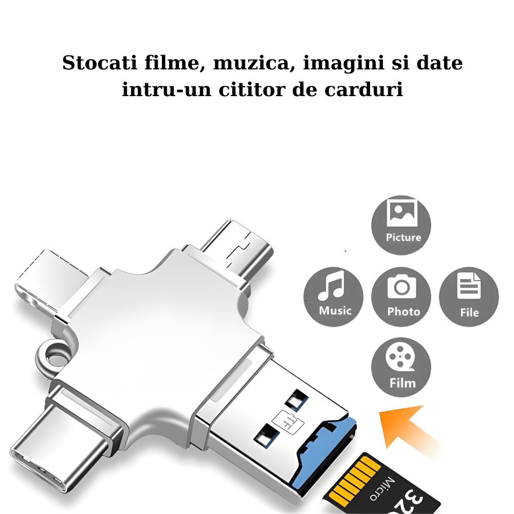 Cititor de carduri MaGeCa®  cu adaptor 4 in 1, MicroSD la USB 3.0/Lightning/Type-C/Micro-USB, Compatibil cu iOS/Android/Windows, Transfer foarte rapid de date, Gri metalic [2]