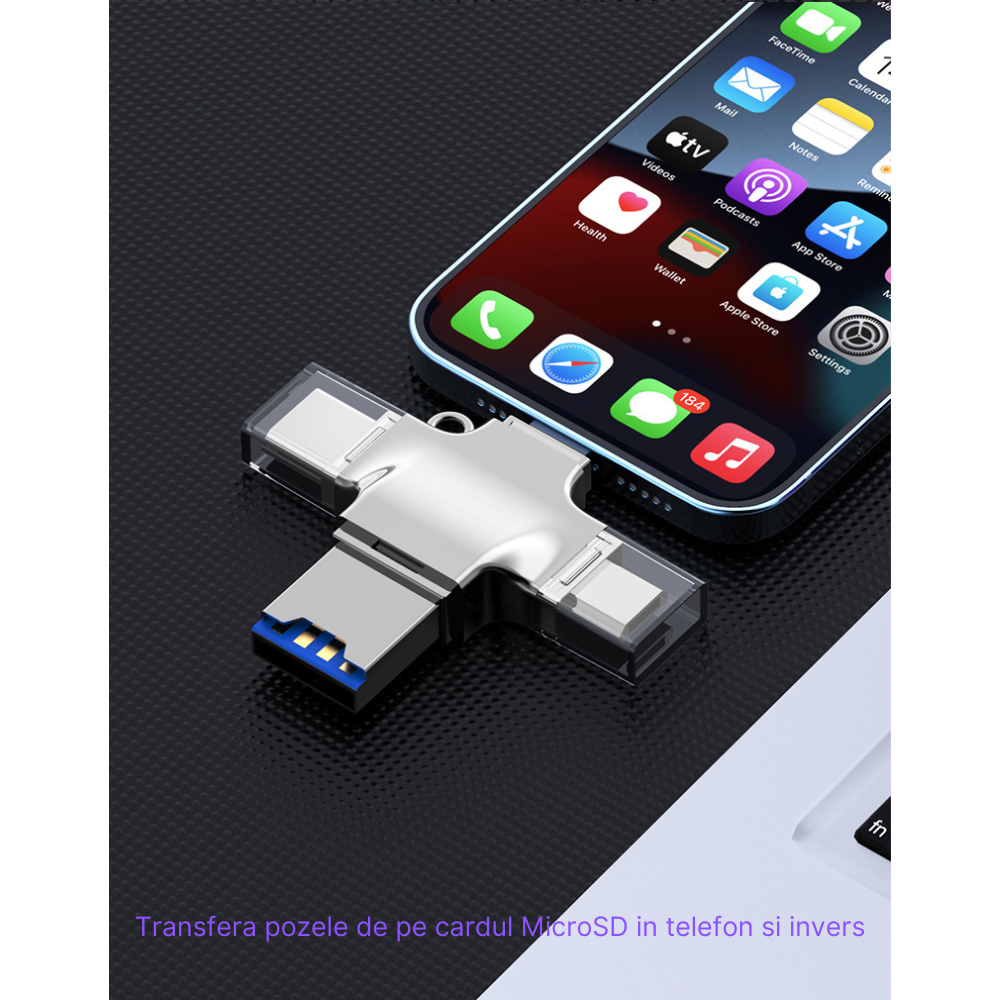 Cititor de carduri MaGeCa®  cu adaptor 4 in 1, MicroSD la USB 3.0/Lightning/Type-C/Micro-USB, Compatibil cu iOS/Android/Windows, Transfer foarte rapid de date, Gri metalic [4]