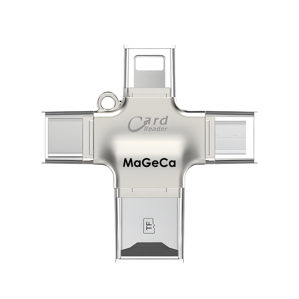 Cititor de carduri MaGeCa®  cu adaptor 4 in 1, MicroSD la USB 3.0/Lightning/Type-C/Micro-USB, Compatibil cu iOS/Android/Windows, Transfer foarte rapid de date, Gri metalic [1]