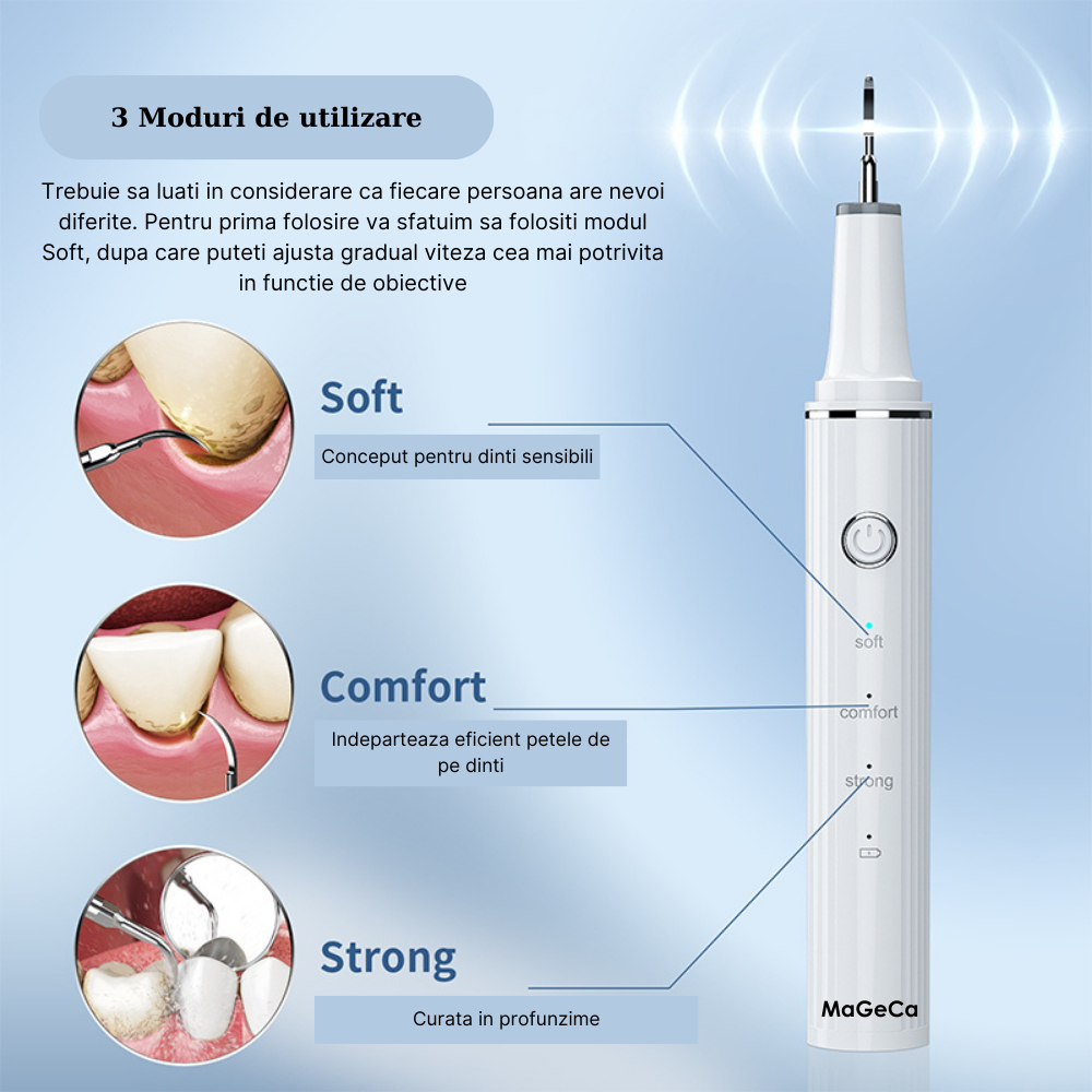 Dispozitiv pentru curatarea dintilor cu ultrasunete MaGeCa®, indeparteaza tartrul si petele, 3 trepte de viteza, rezistent la apa, incarcare USB Type-C, Alb [2]