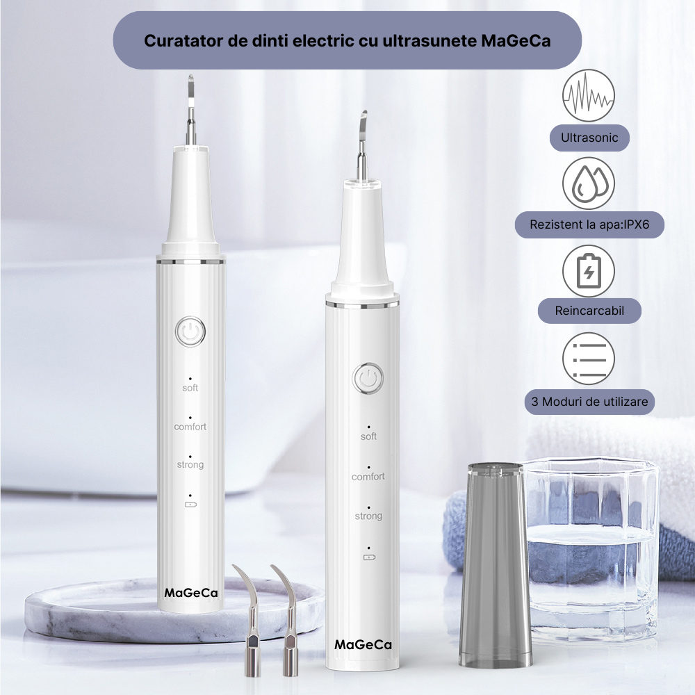 Dispozitiv pentru curatarea dintilor cu ultrasunete MaGeCa®, indeparteaza tartrul si petele, 3 trepte de viteza, rezistent la apa, incarcare USB Type-C, Alb [4]