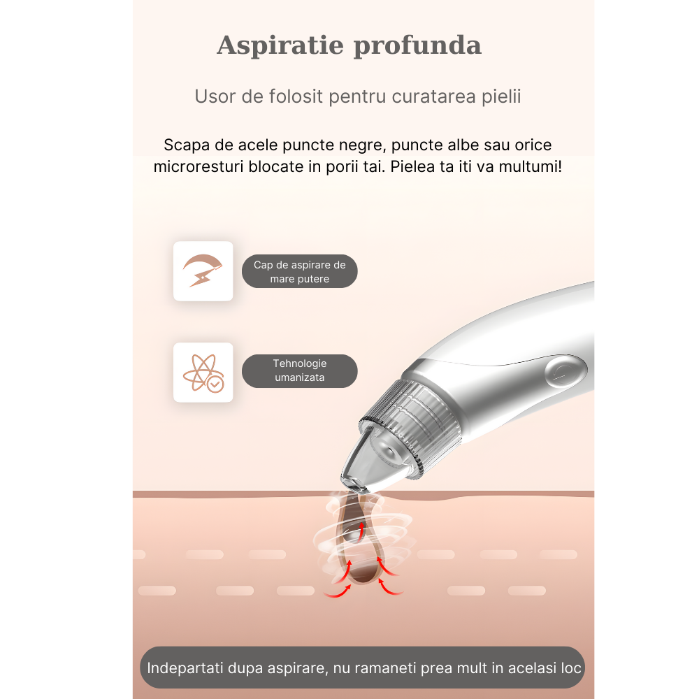 Dispozitiv pentru indepartat puncte negre MaGeCa®, cu vacuum, 3 trepte de absorbtie, 3 capete interschimbabile, curatarea tenului de acnee si grasime, baterie 600 mAh, incarcare USB, alb [5]