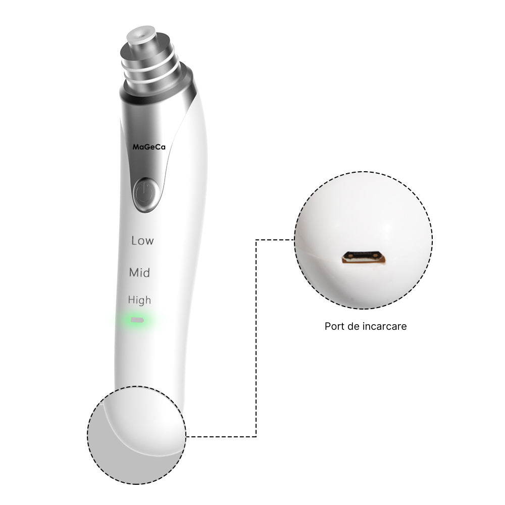 Dispozitiv pentru indepartat puncte negre MaGeCa®, cu vacuum, 3 trepte de absorbtie, 3 capete interschimbabile, curatarea tenului de acnee si grasime, baterie 600 mAh, incarcare USB, alb [6]