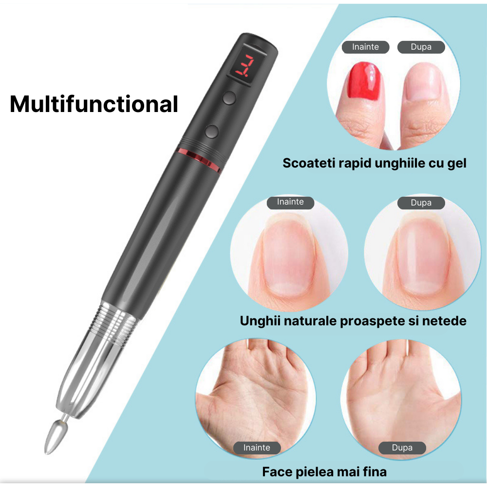 Freza unghii profesionala MaGeCa®, Pila electrica wireless pentru manichiura si pedichiura, Design ergonomic, Display, Baterie reincarcabila 350 mAh, 15000 RPM, 11 capete pentru pila, 6 benzi de slefu [6]