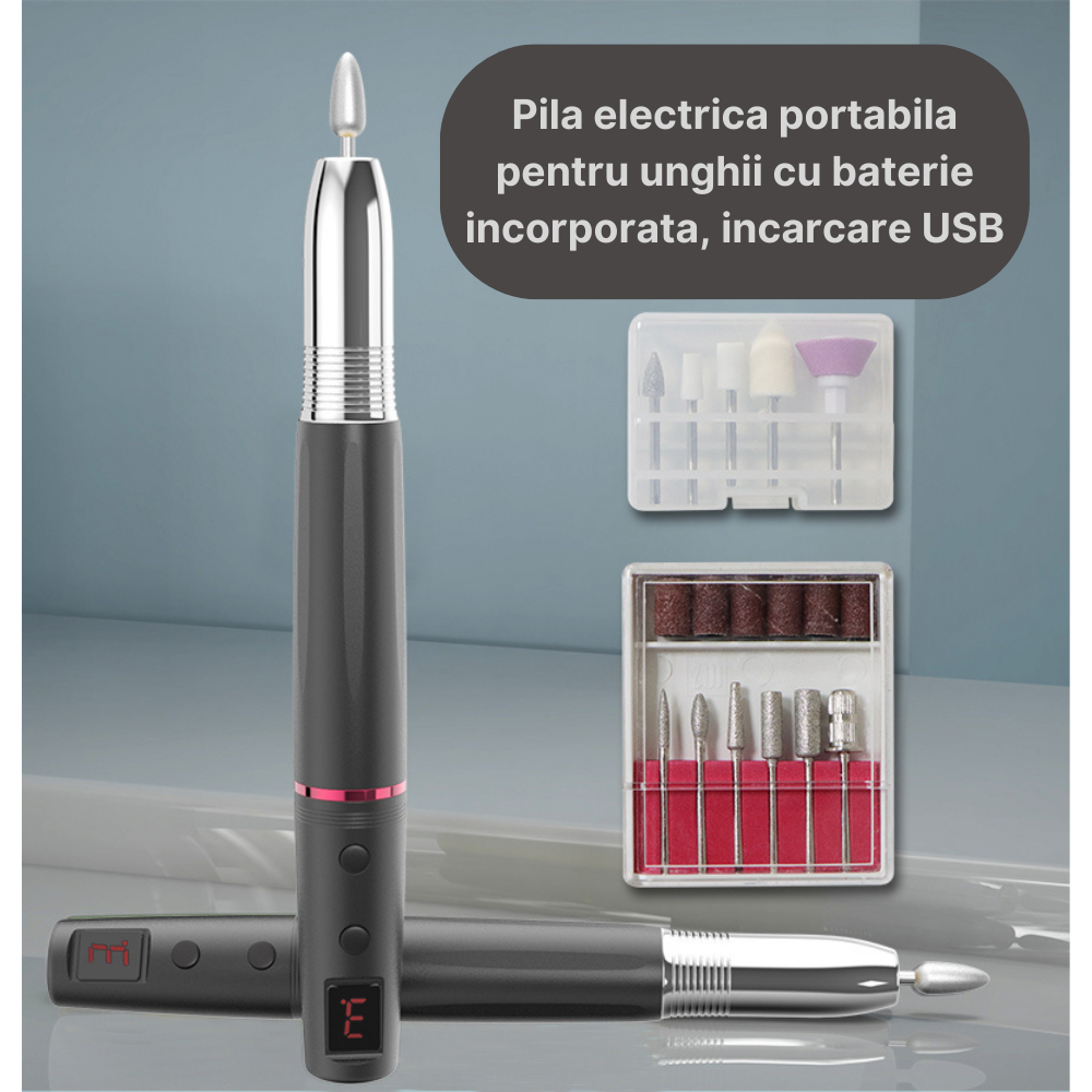 Freza unghii profesionala MaGeCa®, Pila electrica wireless pentru manichiura si pedichiura, Design ergonomic, Display, Baterie reincarcabila 350 mAh, 15000 RPM, 11 capete pentru pila, 6 benzi de slefu [3]