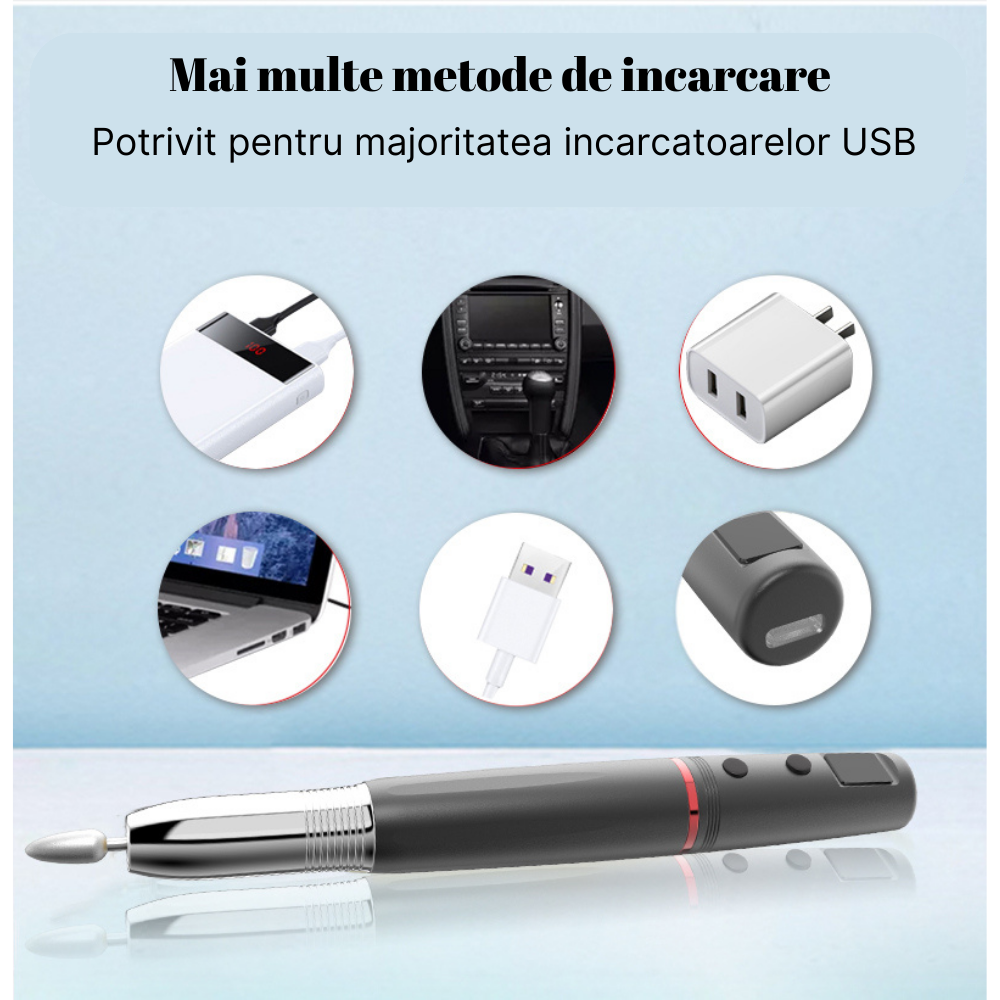 Freza unghii profesionala MaGeCa®, Pila electrica wireless pentru manichiura si pedichiura, Design ergonomic, Display, Baterie reincarcabila 350 mAh, 15000 RPM, 11 capete pentru pila, 6 benzi de slefu [5]