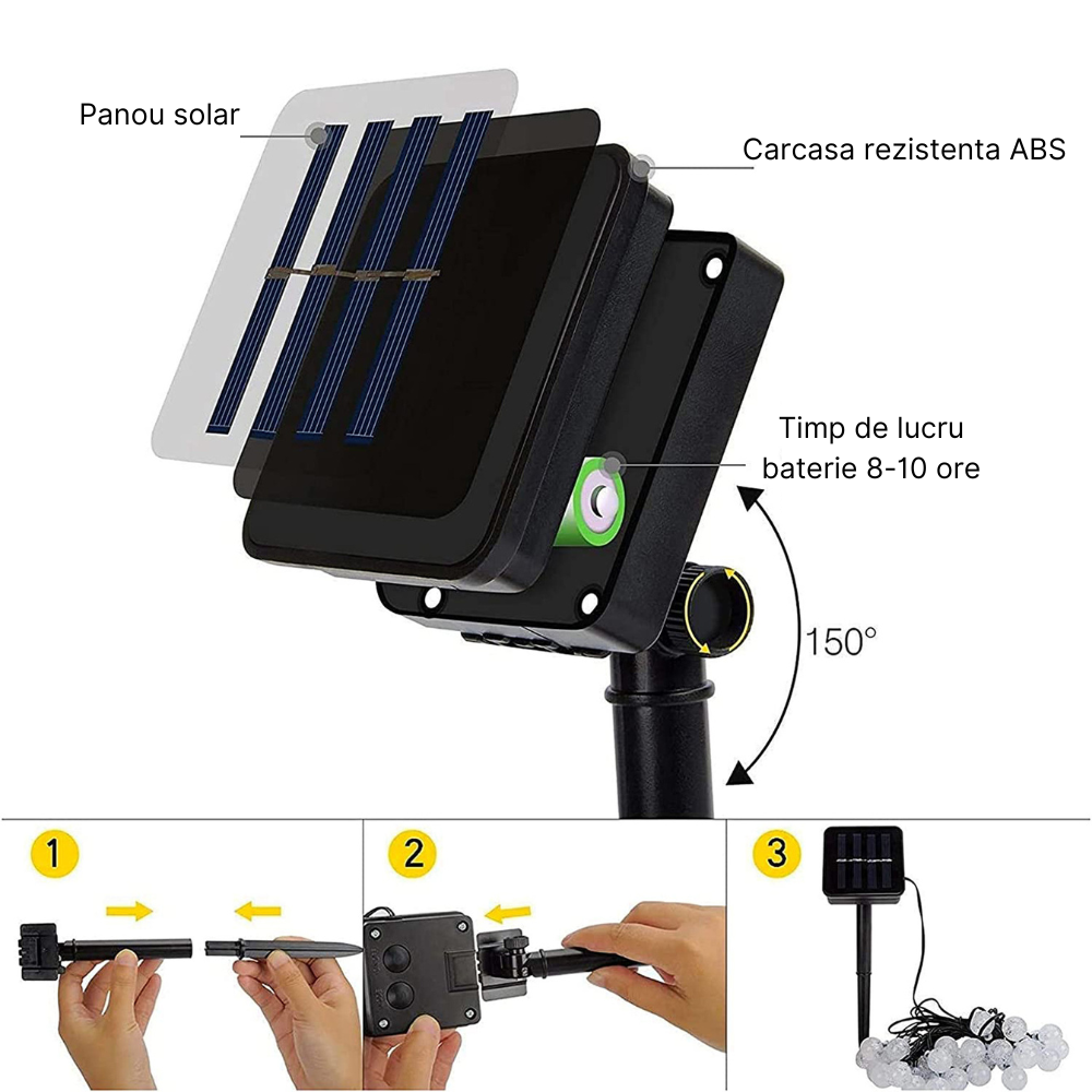 Ghirlanda luminoasa MaGeCa® cu incarcare solara, 20 de becuri LED, lungime 5m, Impermeabil IP65, Lumina calda, Perfect pentru gradina, balcon sau terasa [5]