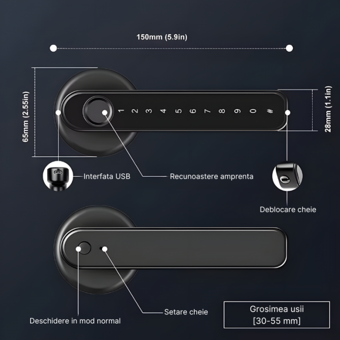 Incuietoare inteligenta MaGeCa, Control de la distanta, 5 moduri de acces, Aplicatia Tuya compatibila Android si IOS, Deblocare Amprenta, Card, Cod PIN, Cheie, Broasca inclusa, Neagra [8]