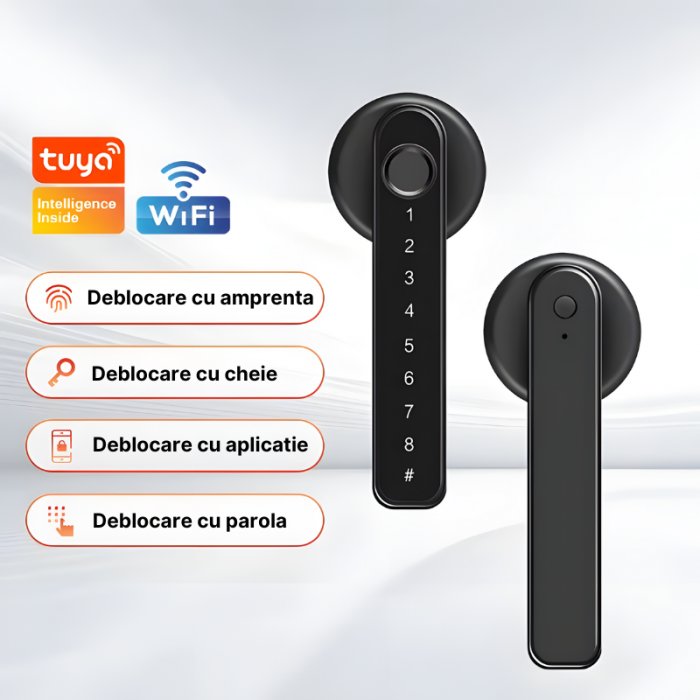Incuietoare inteligenta MaGeCa, Control de la distanta, 5 moduri de acces, Aplicatia Tuya compatibila Android si IOS, Deblocare Amprenta, Card, Cod PIN, Cheie, Broasca inclusa, Neagra [7]