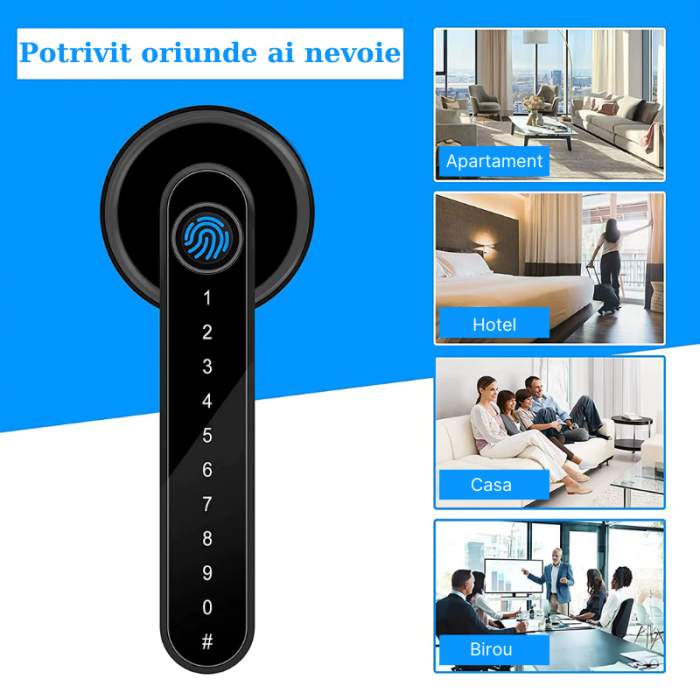Incuietoare inteligenta MaGeCa, Control de la distanta, 5 moduri de acces, Aplicatia Tuya compatibila Android si IOS, Deblocare Amprenta, Card, Cod PIN, Cheie, Broasca inclusa, Neagra [6]
