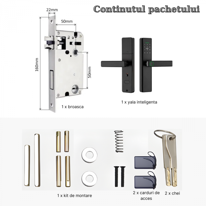 Incuietoare inteligenta wireless MaGeCa®, Control de la distanta, 5 moduri de acces, Aplicatie Tuya compatibila Android si IOS, Amprenta, Cod PIN, 2 chei, 2 cartele, Broasca inclusa, Neagra [8]