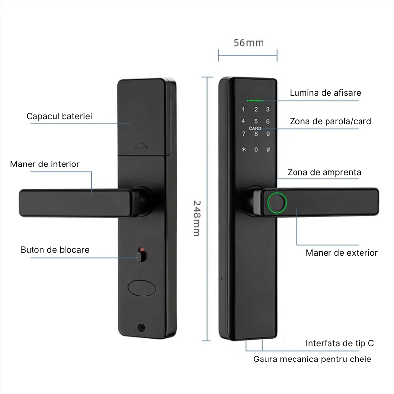 Incuietoare inteligenta wireless MaGeCa®, Control de la distanta, 5 moduri de acces, Aplicatie Tuya compatibila Android si IOS, Amprenta, Cod PIN, 2 chei, 2 cartele, Broasca inclusa, Neagra [3]