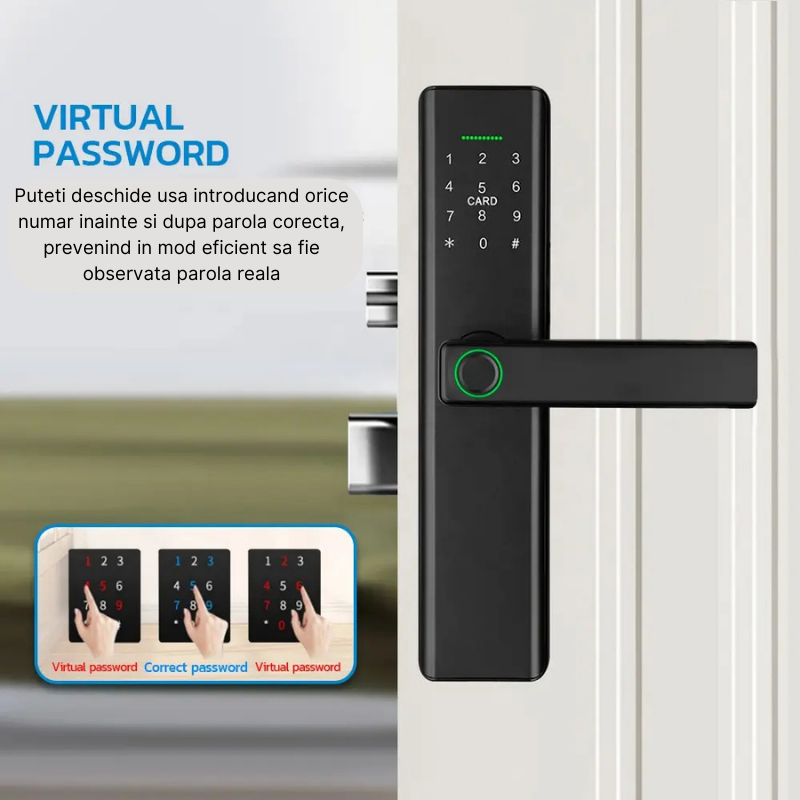 Incuietoare inteligenta wireless MaGeCa®, Control de la distanta, 5 moduri de acces, Aplicatie Tuya compatibila Android si IOS, Amprenta, Cod PIN, 2 chei, 2 cartele, Broasca inclusa, Neagra [6]