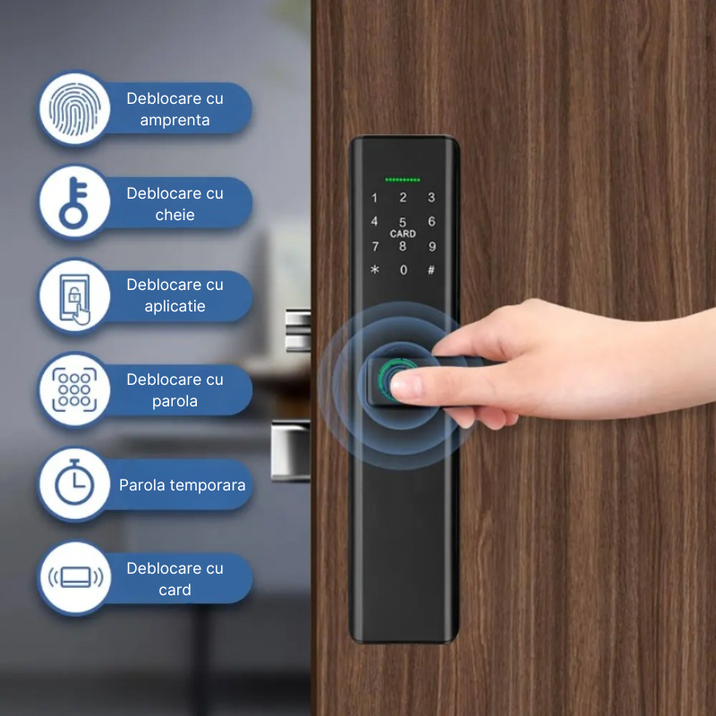 Incuietoare inteligenta wireless MaGeCa®, Control de la distanta, 5 moduri de acces, Aplicatie Tuya compatibila Android si IOS, Amprenta, Cod PIN, 2 chei, 2 cartele, Broasca inclusa, Neagra [2]