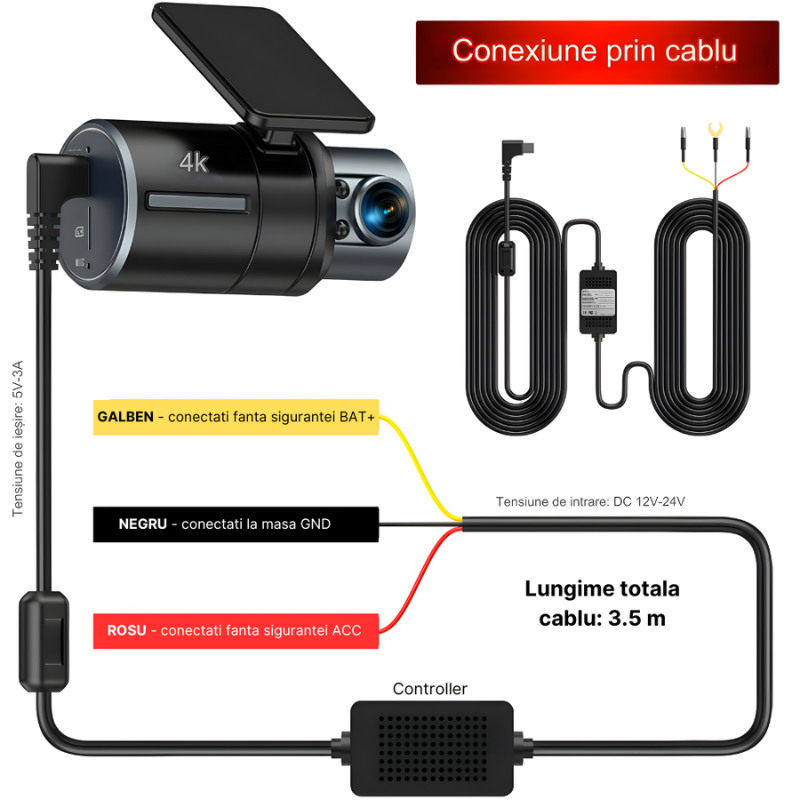 Kit alimentare continua camera auto la panoul de sigurante, 12-24V la Micro USB 5V/3A, Lungime cablu 3.5m, protectie descarcare baterie, 4 adaptoare sigurante incluse [3]