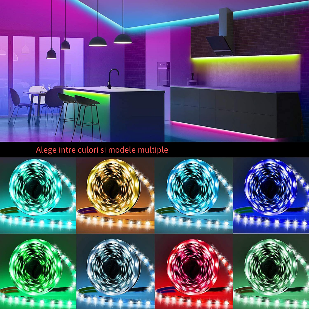 Kit banda LED MaGeCa® 5050 RGB, 10m, Control APP/Bluetooth/Telecomanda, Schimbare Culori Pe Ritmul Muzicii, Intensitate Reglabila, 12V, Multicolor [6]