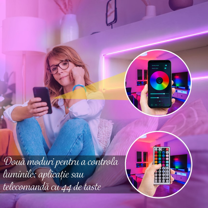 Kit banda LED MaGeCa® 5050 RGB, 10m, Control APP/Bluetooth/Telecomanda, Schimbare Culori Pe Ritmul Muzicii, Intensitate Reglabila, 12V, Multicolor [5]