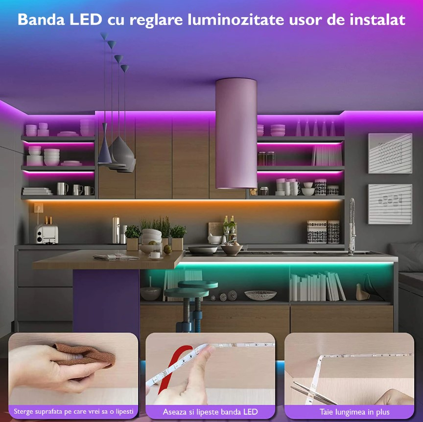 Kit banda LED MaGeCa® 5050 RGB, 10m, Control APP/Bluetooth/Telecomanda, Schimbare Culori Pe Ritmul Muzicii, Intensitate Reglabila, 12V, Multicolor [4]