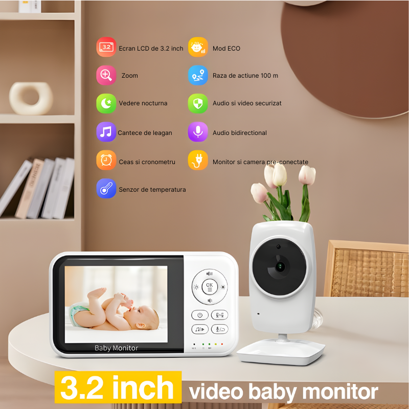 Monitor pentru bebelusi WIFI MC632B cu ecran de 3.2 inch, Vedere nocturna, Audio bidirectional, Senzor de temperatura, Mod ECO, Ceas si cronometru, Cantece de leagan, Zoom 2X, Baterie 2100 mAh [3]