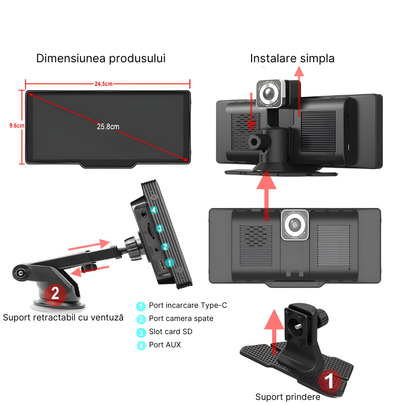 Navigatie auto multimedia C200, Apple CarPlay/Android Auto Wireless, Display tactil 10.26 inch, 2 camere-4K fata/1080P spate, Bluetooth, Mirror Link, USB, GPS/Siri, FM/AUX, Universala, Negru [8]