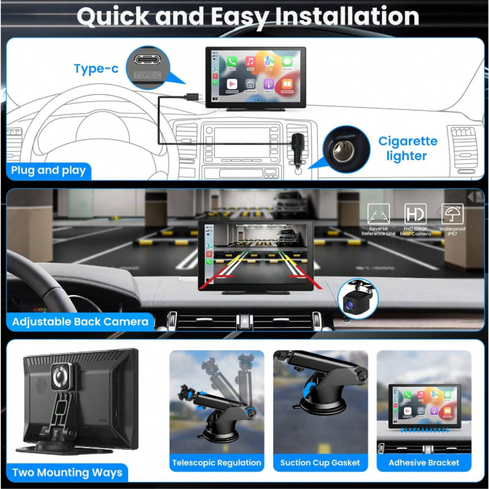 Navigatie auto multimedia MaGeCa, Apple CarPlay/Android Auto Wireless, Display tactil 9 inch, 2 camere-4K fata/1080P spate, Bluetooth, Mirror Link/Card SD/USB/AUX, Portabila, Universala, Negru [6]