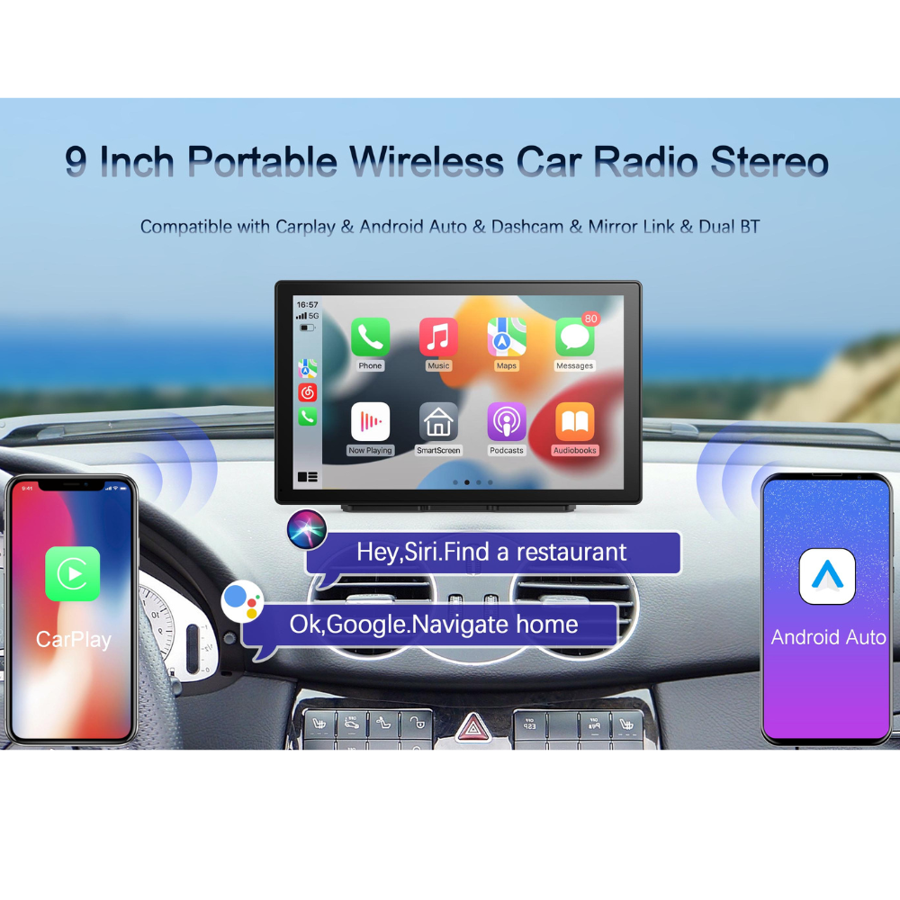 Navigatie auto multimedia MaGeCa, Apple CarPlay/Android Auto Wireless, Display tactil 9 inch, 2 camere-4K fata/1080P spate, Bluetooth, Mirror Link/Card SD/USB/AUX, Portabila, Universala, Negru [5]