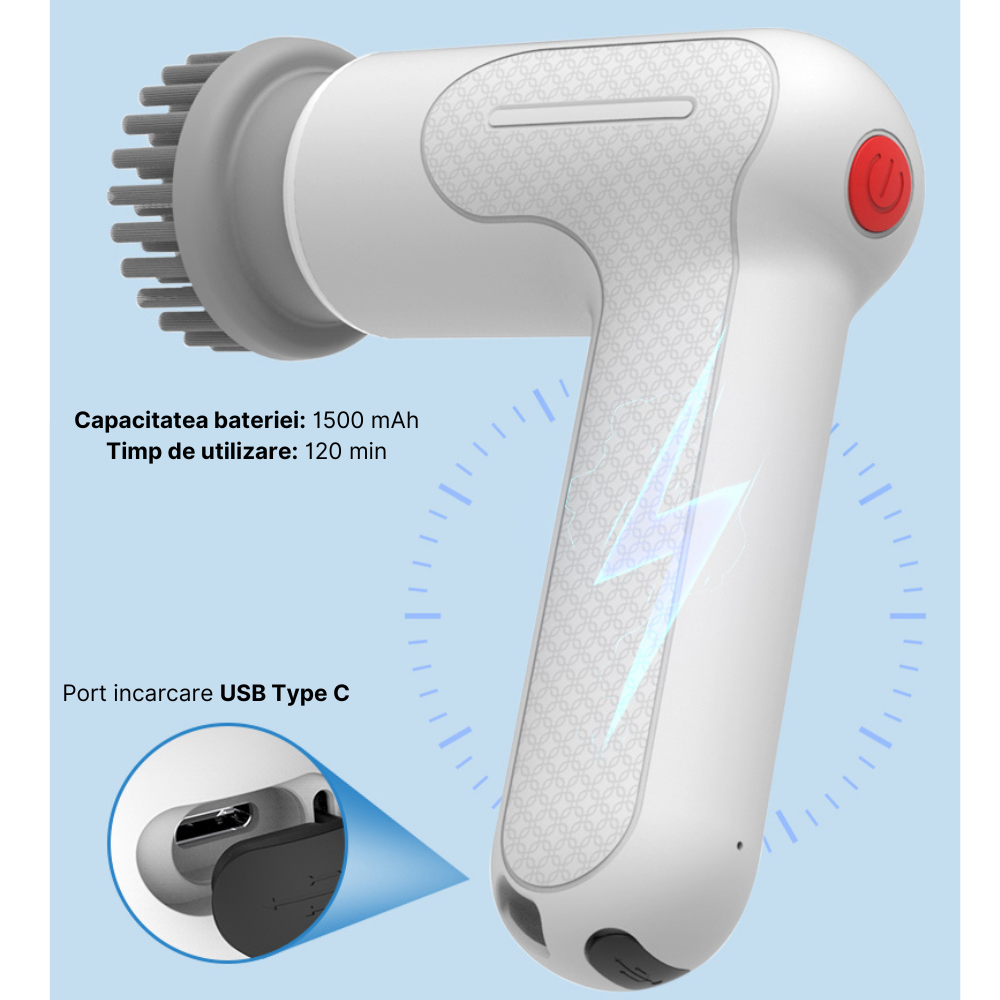 Perie electrica de curatare MaGeCa®, multifunctionala, 3 capete, rezistenta la apa, pentru uz casnic, ideala pentru bucatarie, baie, cada, chiuveta, podea, incaltaminte, incarcare USB Type-C, Alba [3]