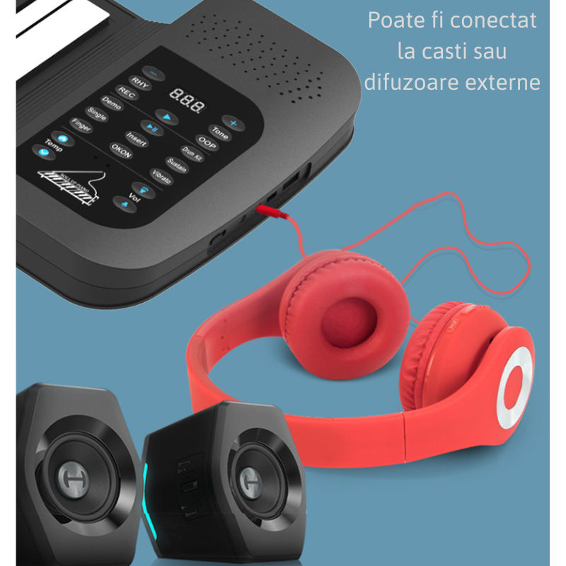 Pian pliabil multifunctional MaGeCa® cu 61 de taste, Design portabil, Functie de inregistrare, 128 de tonuri, 128 de ritmuri, 14 melodii demonstrative, Difuzor incorporat, Iesire MIDI, Negru [5]