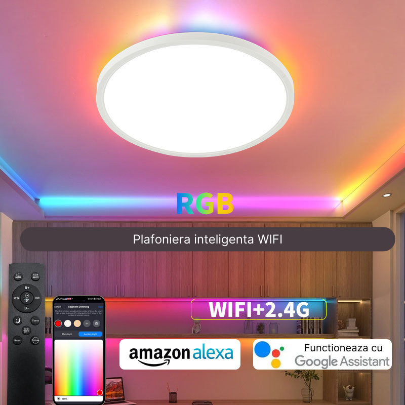 Plafoniera LED inteligenta MaGeCa®, RGB, 24W, Temperatura si intensitate lumina reglabile, Lumina calda/neutra/rece, Telecomanda, Aplicatie telefon compatibila Google Assistant/Amazon Alexa [6]