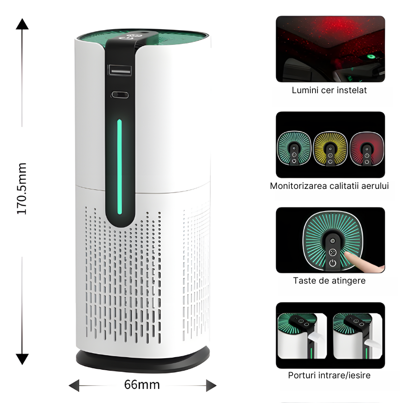 Purificator de aer auto, Carbune activ, Filtru HEPA, Lumini cer instelat, Monitorizarea calitatii aerului, Elimina mirosurile, scamele, parul de animale, praful, polenul, fumul, Ionizare negativa, Alb [2]