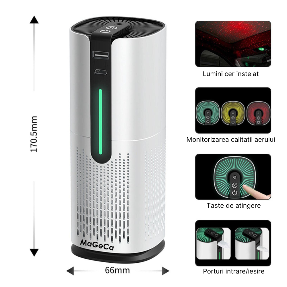 Purificator de aer auto MaGeCa®, Carbune activ, Filtru HEPA, Lumini cer instelat, Monitorizarea calitatii aerului, Elimina mirosurile, scamele, parul de animale, praful, polenul, fumul, Argintiu [2]