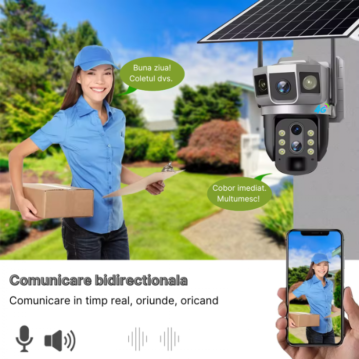 RESIGILAT - Camera de supraveghere cu panou solar, 4G, Cartela SIM, 4MP Full HD, Zoom 10X, Rotire automata, 3 zone supravegheate simultan, Detectarea miscarii, Comunicare bidirectionala, Vedere noctur [6]
