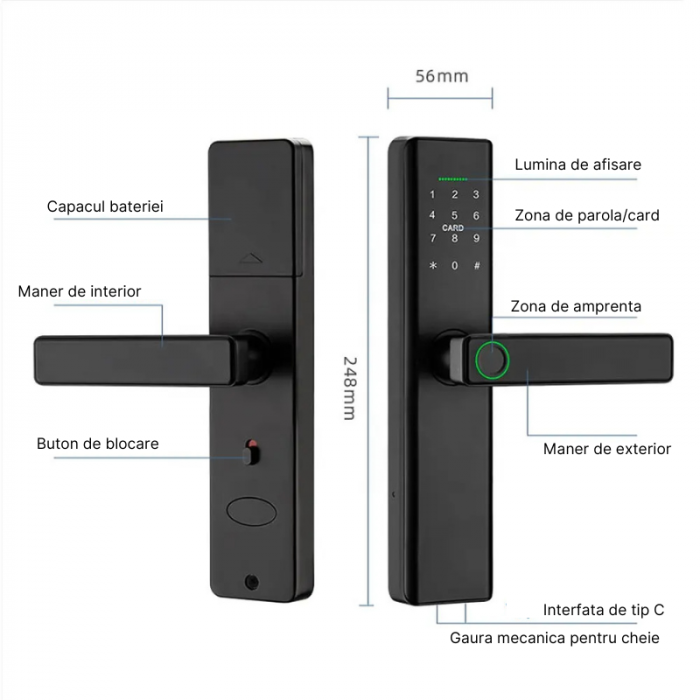 RESIGILAT - Incuietoare inteligenta wireless MaGeCa®, Control de la distanta, 5 moduri de acces, Aplicatie Tuya compatibila Android si IOS, Amprenta, Cod PIN, 2 chei, 2 cartele, Broasca inclusa, Neagr [3]