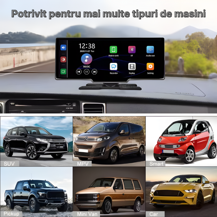 RESIGILAT - Navigatie auto multimedia C200, Apple CarPlay/Android Auto Wireless, Display tactil 10.26 inch, 2 camere-4K fata/1080P spate, Bluetooth, Mirror Link, USB, GPS/Siri, FM/AUX, Universala, Neg [9]