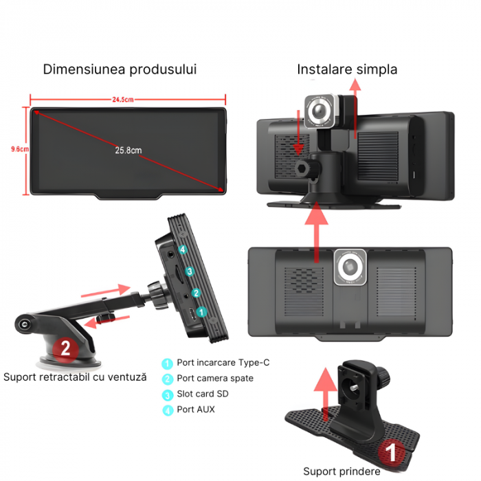 RESIGILAT - Navigatie auto multimedia C200, Apple CarPlay/Android Auto Wireless, Display tactil 10.26 inch, 2 camere-4K fata/1080P spate, Bluetooth, Mirror Link, USB, GPS/Siri, FM/AUX, Universala, Neg [7]