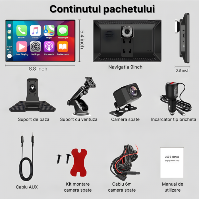 RESIGILAT - Navigatie auto multimedia MaGeCa, Apple CarPlay/Android Auto Wireless, Display tactil 9 inch, 2 camere-4K fata/1080P spate, Bluetooth, Mirror Link/Card SD/USB/AUX, Portabila, Universala, N [8]