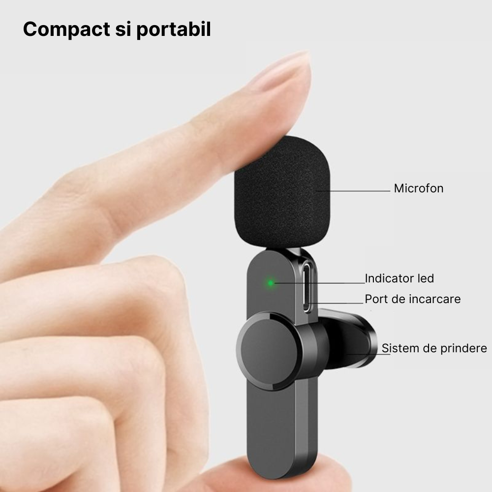 Set 2 microfoane wireless MaGeCa®, tip lavaliera 3 in 1, Reducerea zgomotului pentru inregistrarea video in aer liber, Compatibil cu iPhone/Type-C/Camera/Laptop, Negru [2]