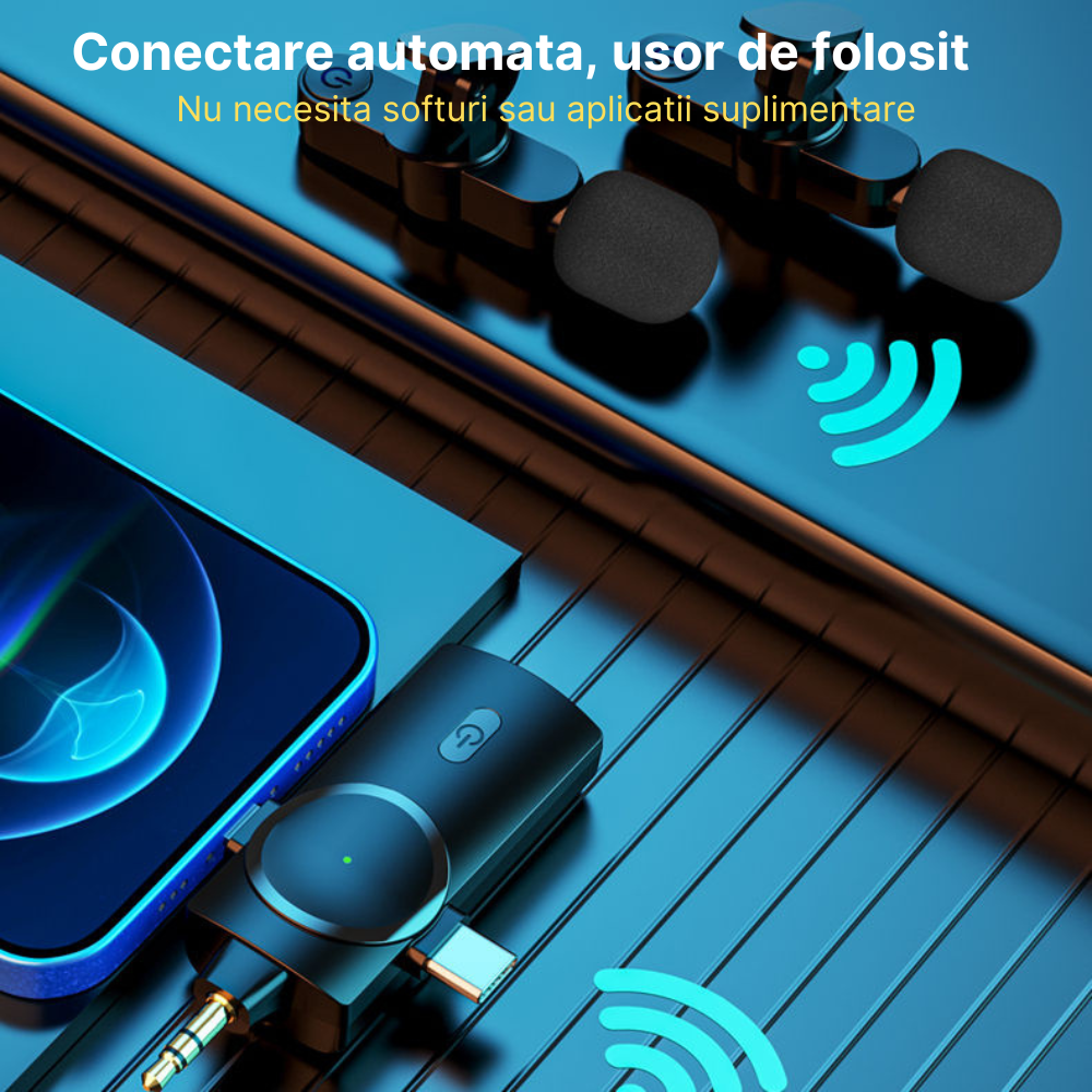 Set 2 microfoane wireless MaGeCa®, tip lavaliera 3 in 1, Reducerea zgomotului pentru inregistrarea video in aer liber, Compatibil cu iPhone/Type-C/Camera/Laptop, Negru [4]