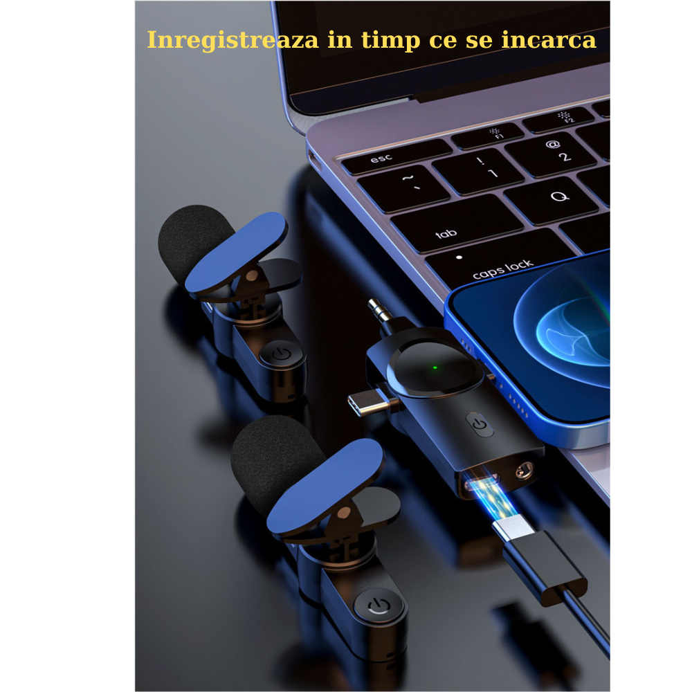 Set 2 microfoane wireless MaGeCa®, tip lavaliera 3 in 1, Reducerea zgomotului pentru inregistrarea video in aer liber, Compatibil cu iPhone/Type-C/Camera/Laptop, Negru [6]
