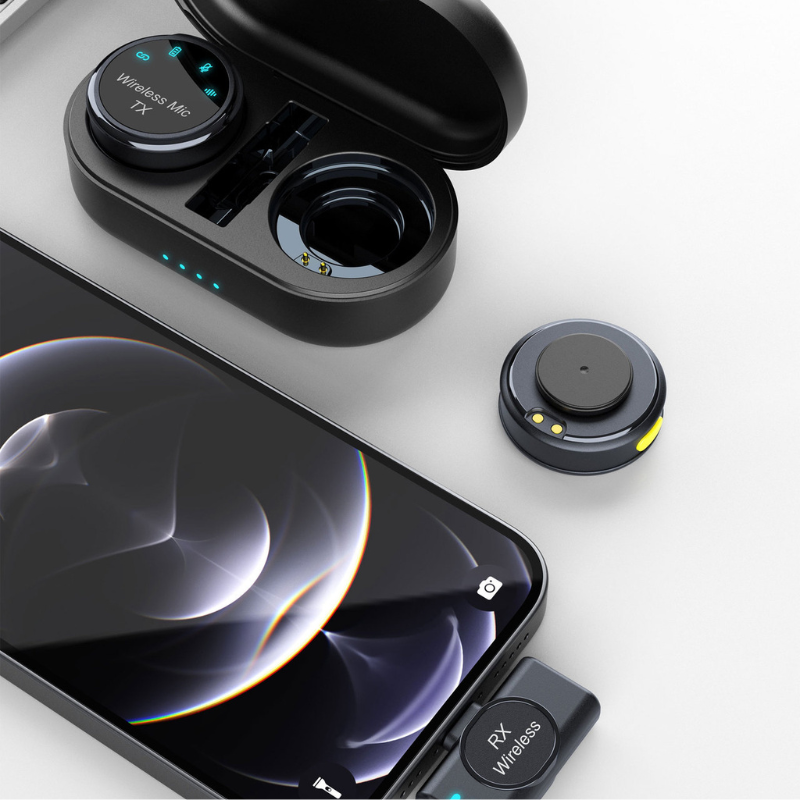 Set 2 microfoane wireless MaGeCa, tip lavaliera, Carcasa de incarcare, Rotunde cu magnet, Reducerea zgomotului pentru inregistrarea video in aer liber, Compatibil cu iPhone/Type-C [2]