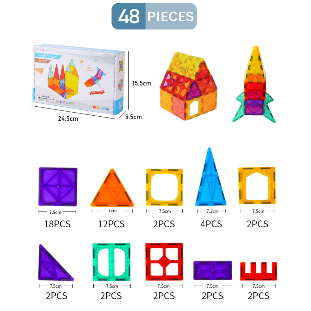 Set inteligent de constructie cu blocuri magnetice MaGeCa®, 48 de piese colorate, Magnetic Tiles 3D, Educativ si creativ, Dezvoltarea abilitatilor motrice si a imaginatiei, Numeroase posibilitati de c [3]