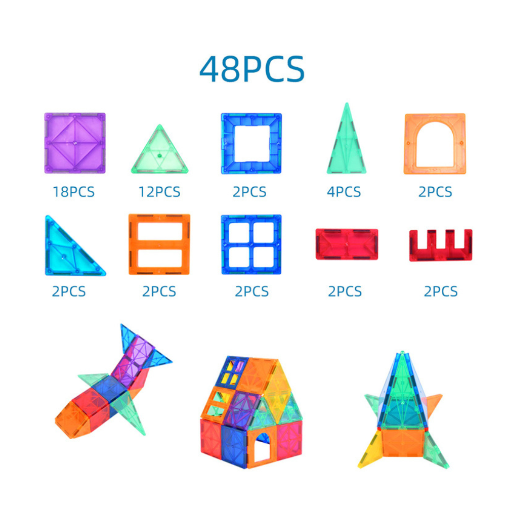 Set inteligent de constructie cu blocuri magnetice MaGeCa®, 48 de piese colorate, Magnetic Tiles 3D, Educativ si creativ, Dezvoltarea abilitatilor motrice si a imaginatiei, Numeroase posibilitati de c [2]