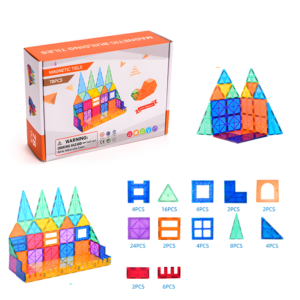 Set inteligent de constructie cu blocuri magnetice MaGeCa®, 78 de piese colorate, Magnetic Tiles 3D, Educativ si creativ, Dezvoltarea abilitatilor motrice si a imaginatiei, Numeroase posibilitati de c [8]