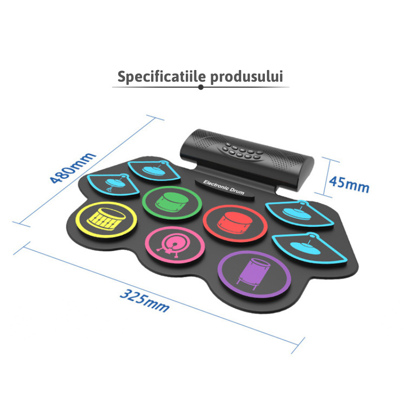 Set tobe electronice MaGeCa® cu pedale de picior, Design compact si portabil, 9 Pad-uri de tobe colorate, Difuzor dublu incorporat, Silicon 100% rezistent la apa, Negru [3]