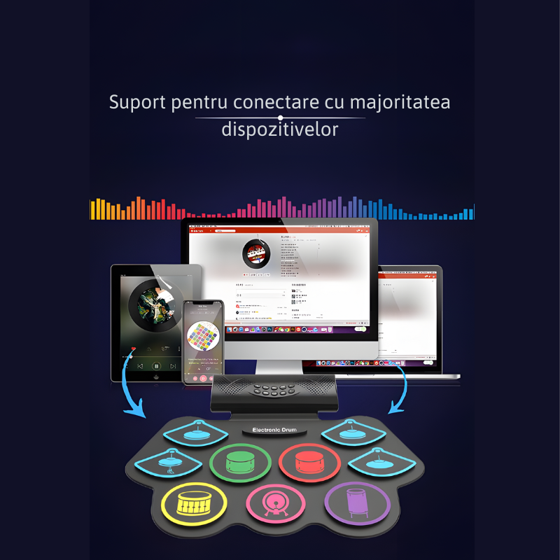 Set tobe electronice MaGeCa® cu pedale de picior, Design compact si portabil, 9 Pad-uri de tobe colorate, Difuzor dublu incorporat, Silicon 100% rezistent la apa, Negru [7]