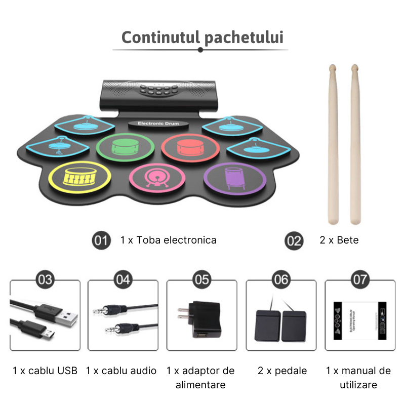 Set tobe electronice MaGeCa® cu pedale de picior, Design compact si portabil, 9 Pad-uri de tobe colorate, Difuzor dublu incorporat, Silicon 100% rezistent la apa, Negru [4]
