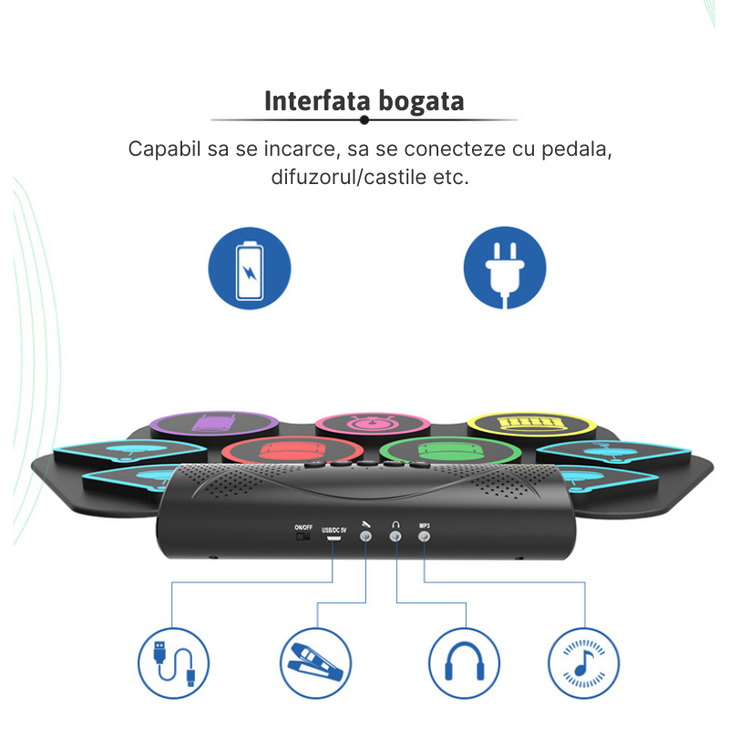 Set tobe electronice MaGeCa® cu pedale de picior, Design compact si portabil, 9 Pad-uri de tobe colorate, Difuzor dublu incorporat, Silicon 100% rezistent la apa, Negru [6]