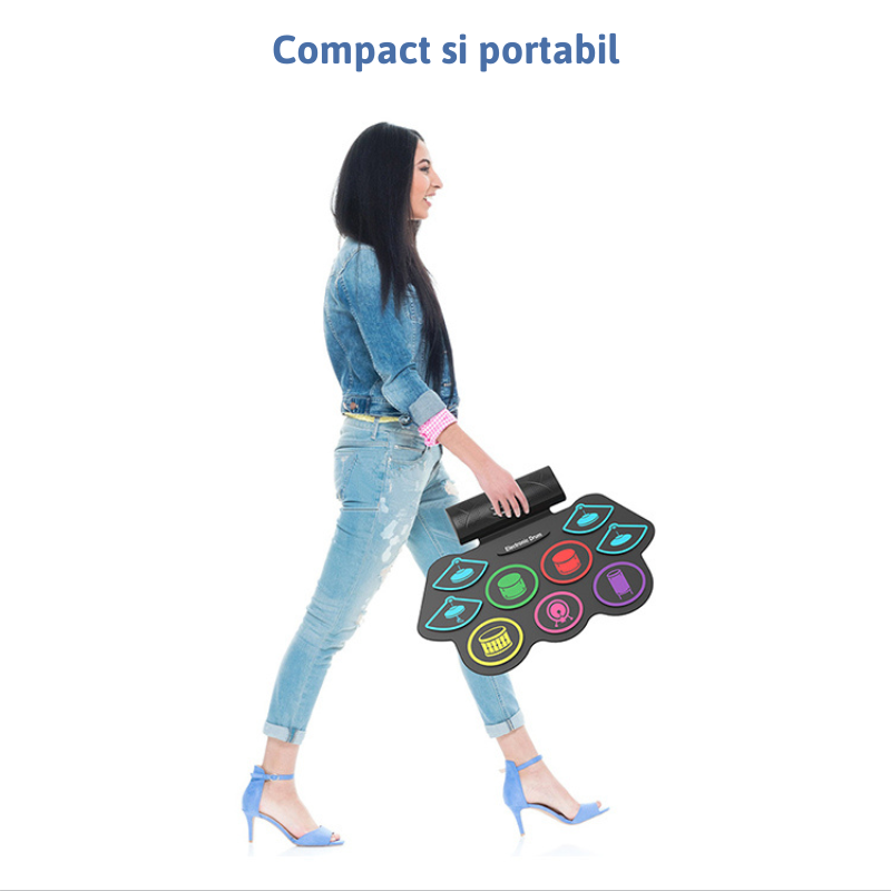 Set tobe electronice MaGeCa® cu pedale de picior, Design compact si portabil, 9 Pad-uri de tobe colorate, Difuzor dublu incorporat, Silicon 100% rezistent la apa, Negru [2]