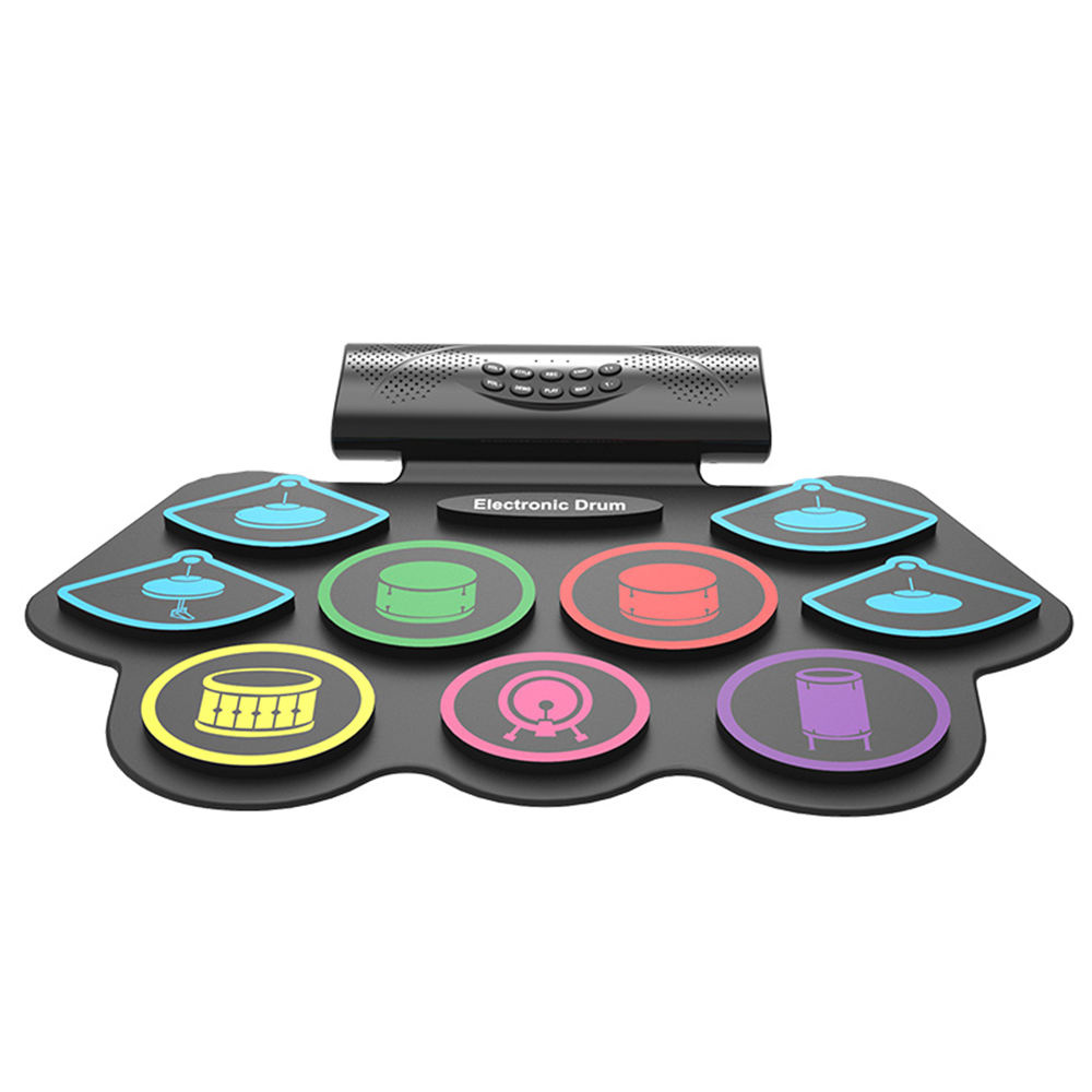 Set tobe electronice MaGeCa® cu pedale de picior, Design compact si portabil, 9 Pad-uri de tobe colorate, Difuzor dublu incorporat, Silicon 100% rezistent la apa, Negru [1]