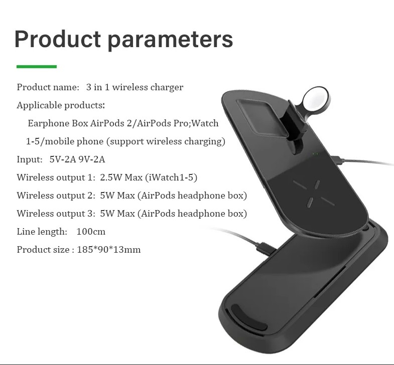 Statie de incarcare wireless MaGeCa® 3 in 1 pentru iPhone / Apple Watch / AirPods, Incarcare rapida Quick Charge 3.0 - negru [2]